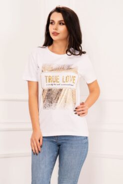 Tricou chic alb True Love cu aplicatii aurii